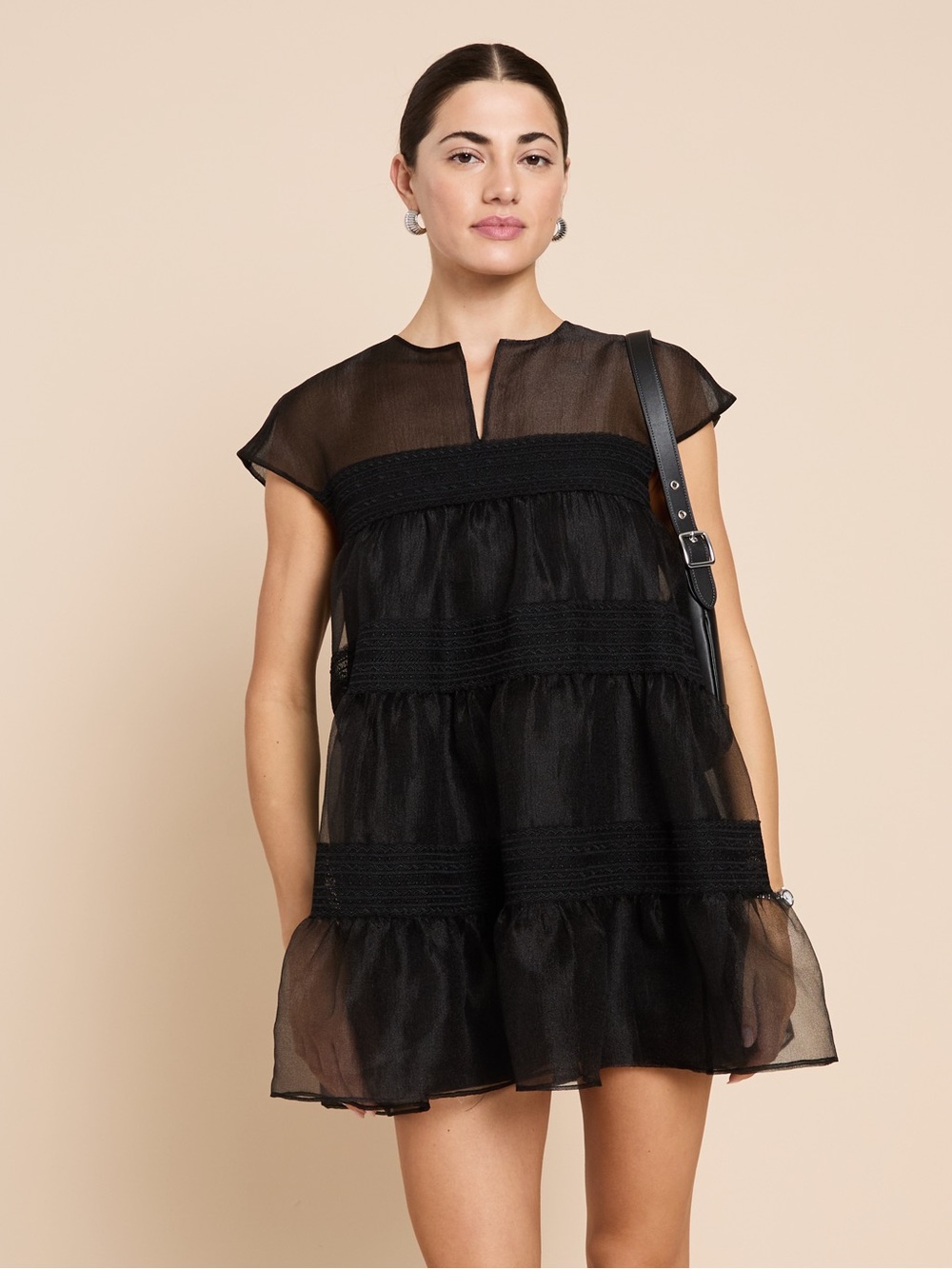 Black Sheer Tiered Mini Dress with Split Neck